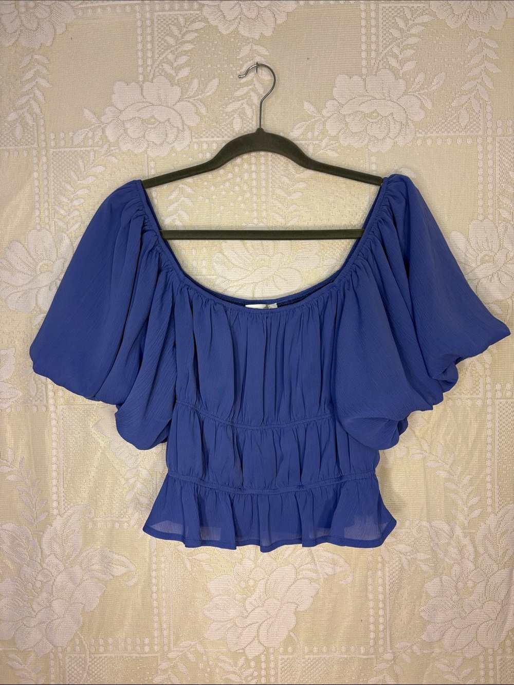 Altar'd State Periwinkle Blue On or Off-Shoulder Peasant Blouse w/ Ruched Waist